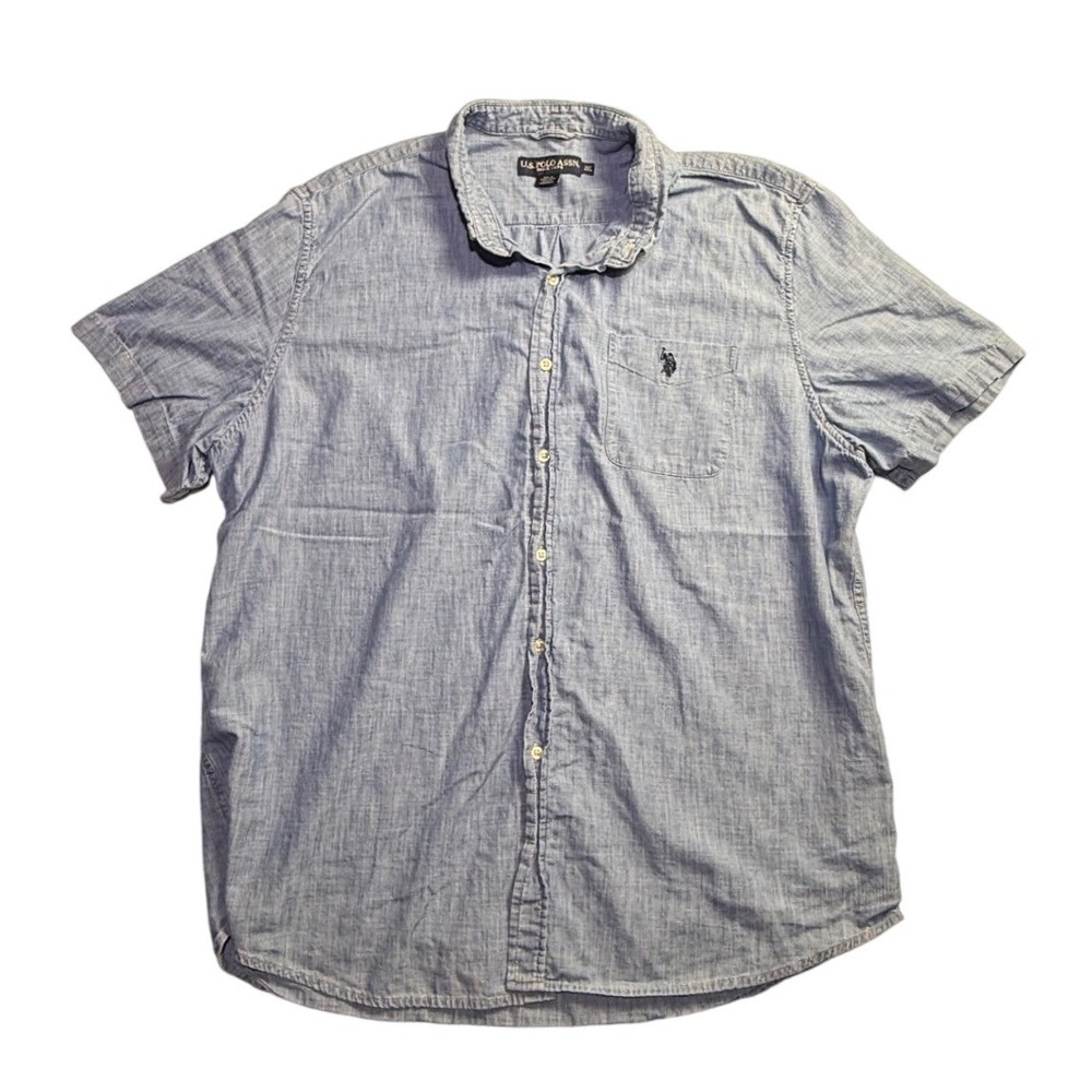 US Polo Assn Mens 2XL Blue Chambray Short Sleeve Button Down Cotton Shirt-2355
